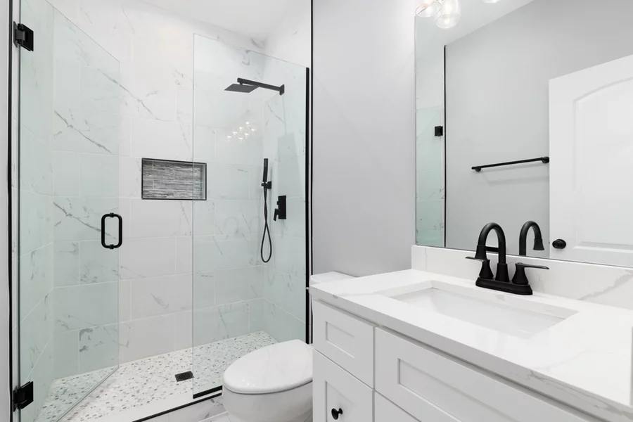 A walk-in shower in a newly-remodeled bathroom.